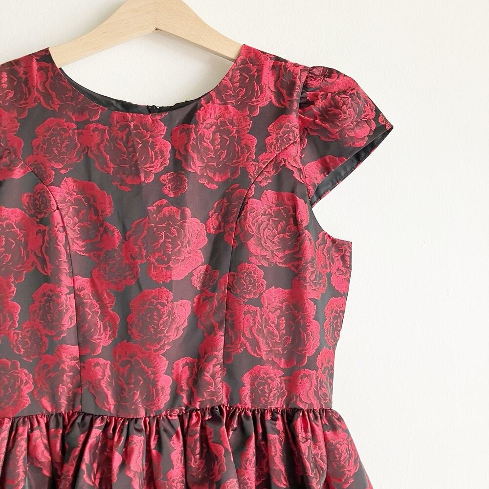 Chasing Fireflies Girls 12 Dress Rose Floral Print Red Black Cap Sleeve Dressy